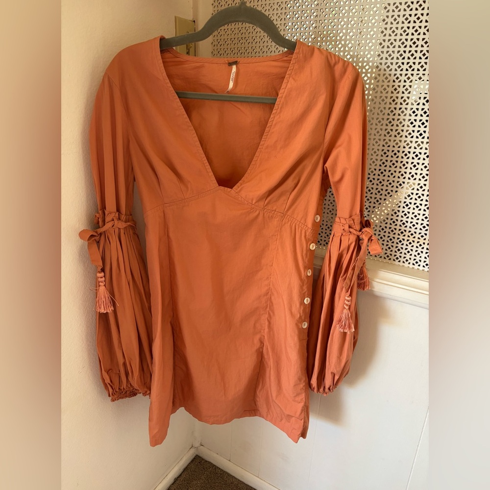 Free People Tassel Balloon Accordion Sleeve Button aside Peach Mini Dress